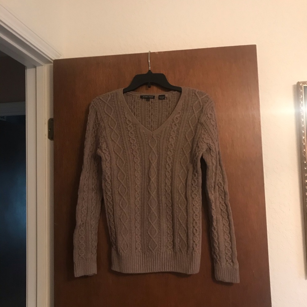 JEANNE PIERRE Taupe Cable Knit V-Neck Sweater
